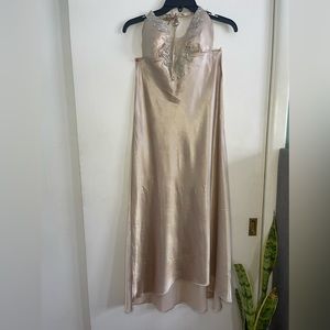 Tan backless dress high low with a lace neck line size small